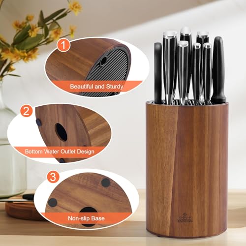 Enoking Universal Knife Block Holder with Plastic Lid, Acacia Wood Knife Block without Knives for Scissors, Sharpening Rod and Knives, Round Knife Storage Organizer Display - Image 5