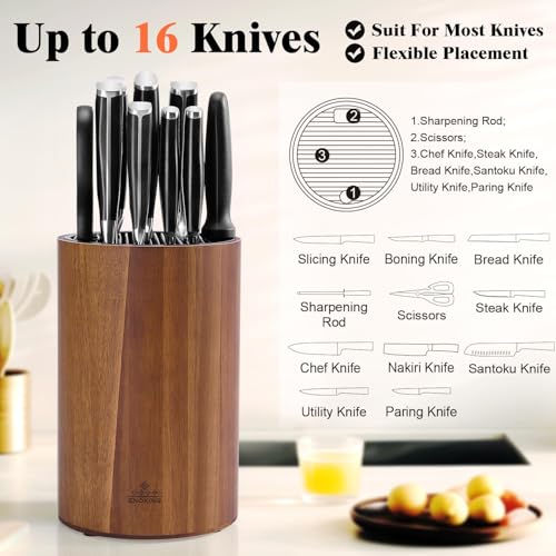 Enoking Universal Knife Block Holder with Plastic Lid, Acacia Wood Knife Block without Knives for Scissors, Sharpening Rod and Knives, Round Knife Storage Organizer Display - Image 3