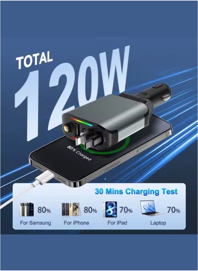 ELTRAZONE 120W 4-in-1 Retractable LED Starry Sky Car Charger with USB-A & USB-C Cables – PD Fast Charging Adapter for Phones, Tablets & Devices – Dual Port Car Charger with Multi-Protection (Over-Current, Over-Voltage, Over-Temp, Short-Circuit) – Sleek, Compact & Travel-Friendly  - Image 3