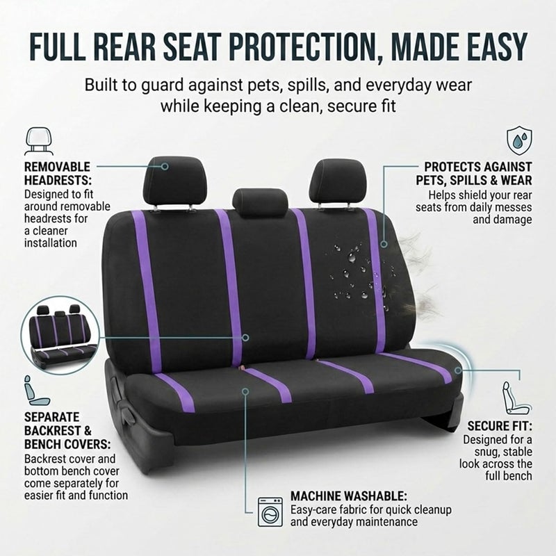 FH Group FB032PURPLE114 Purple Unique Flat Cloth Car Seat Cover (w. 4 Detachable Headrests and Solid Bench) Spec compliant trusted quality - Image 5