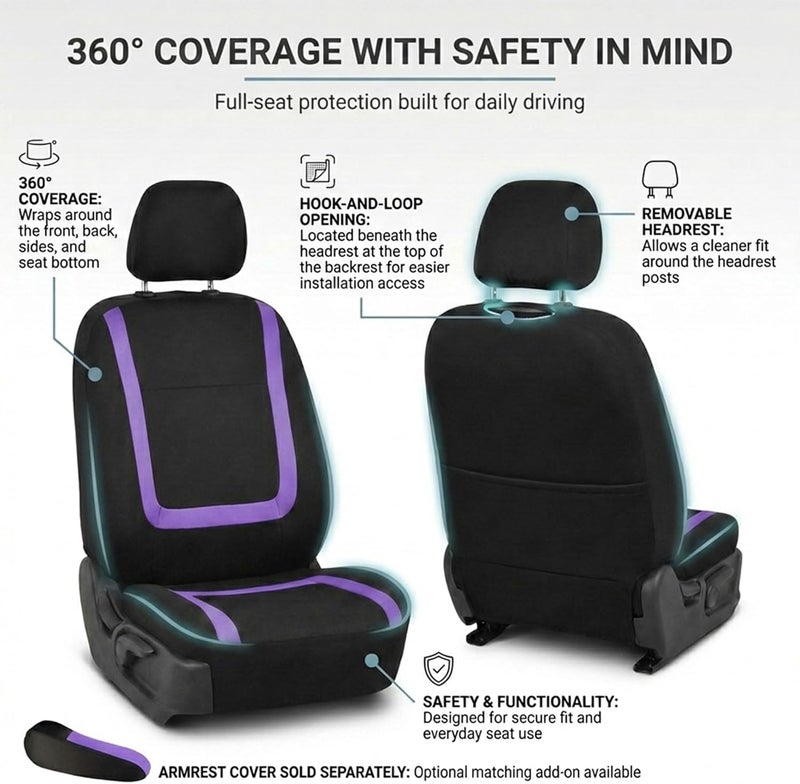 FH Group FB032PURPLE114 Purple Unique Flat Cloth Car Seat Cover (w. 4 Detachable Headrests and Solid Bench) Spec compliant trusted quality - Image 4