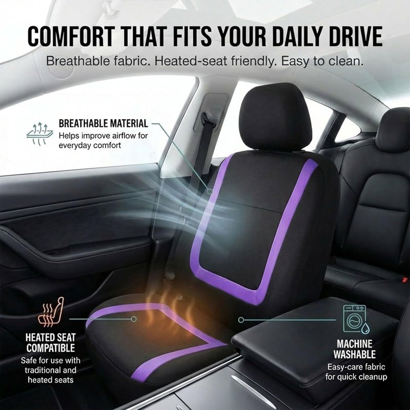 FH Group FB032PURPLE114 Purple Unique Flat Cloth Car Seat Cover (w. 4 Detachable Headrests and Solid Bench) Spec compliant trusted quality - Image 3
