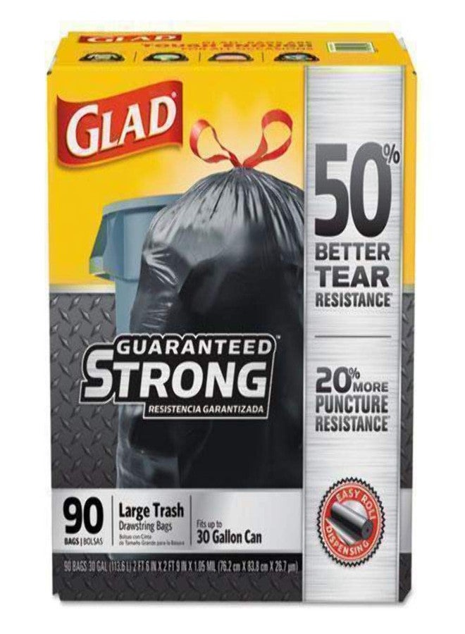 GLAD Drawstring Large Trash Bags, 30 X 33, 30gal, 1.05mil, Black, 90/carton - Image 1