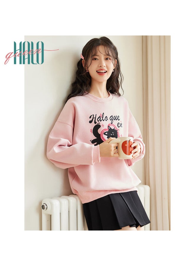 HALOQUEEN Halo Queen Women's Spring And Autumn Round Neck Sweatshirt With Cute Cat, Dopamine, Love Heart, And Letter Print Loose Casual Pullover Fashion Trend H143w1039 - Image 1