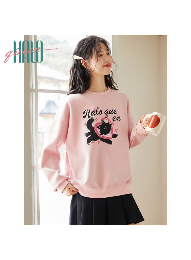 HALOQUEEN Halo Queen Women's Spring And Autumn Round Neck Sweatshirt With Cute Cat, Dopamine, Love Heart, And Letter Print Loose Casual Pullover Fashion Trend H143w1039 - Image 3