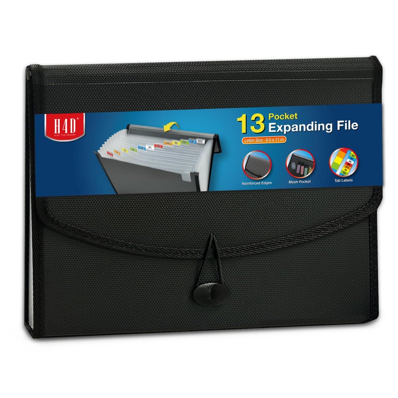 H4D 13-Pocket Accordion File Organizer with Mesh Pocket, Expanding File Folder with Tabs, Expandable Document Organizer for Home Office School, Letter Size, Black - Image 1