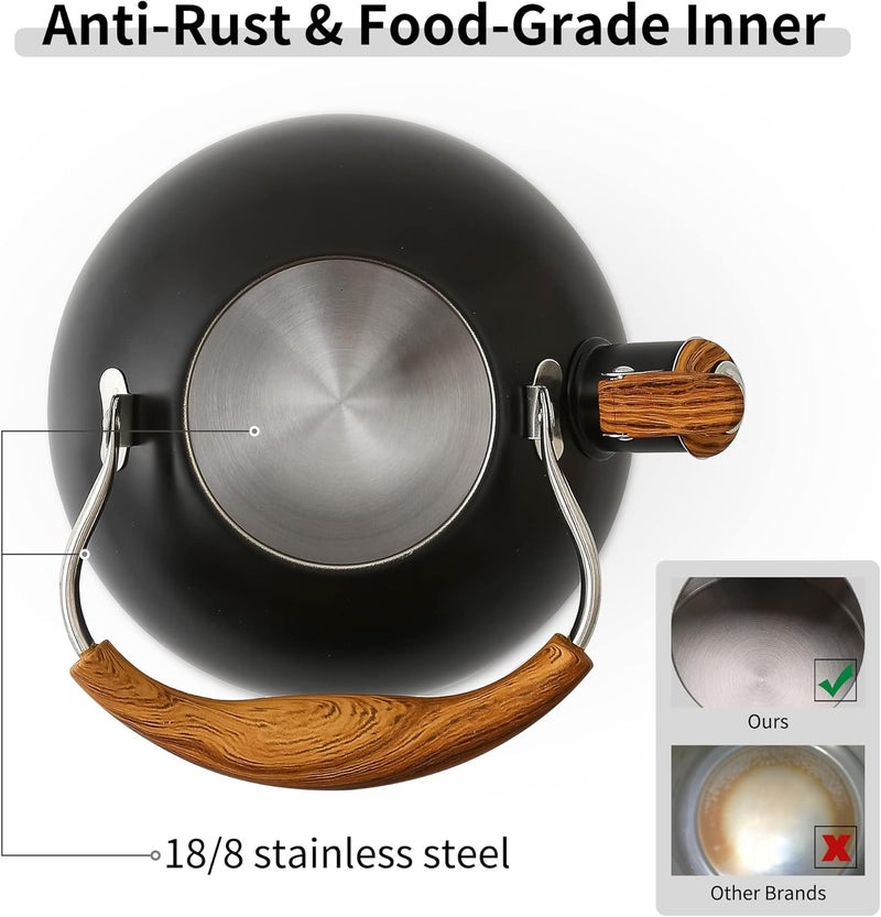 Lonffery Tea Kettle for Stove Top, 2.5 Quart Whistling Tea Kettle, with Food Grade Stainless Steel and Wood Pattern Folding Handle, Black - Image 5