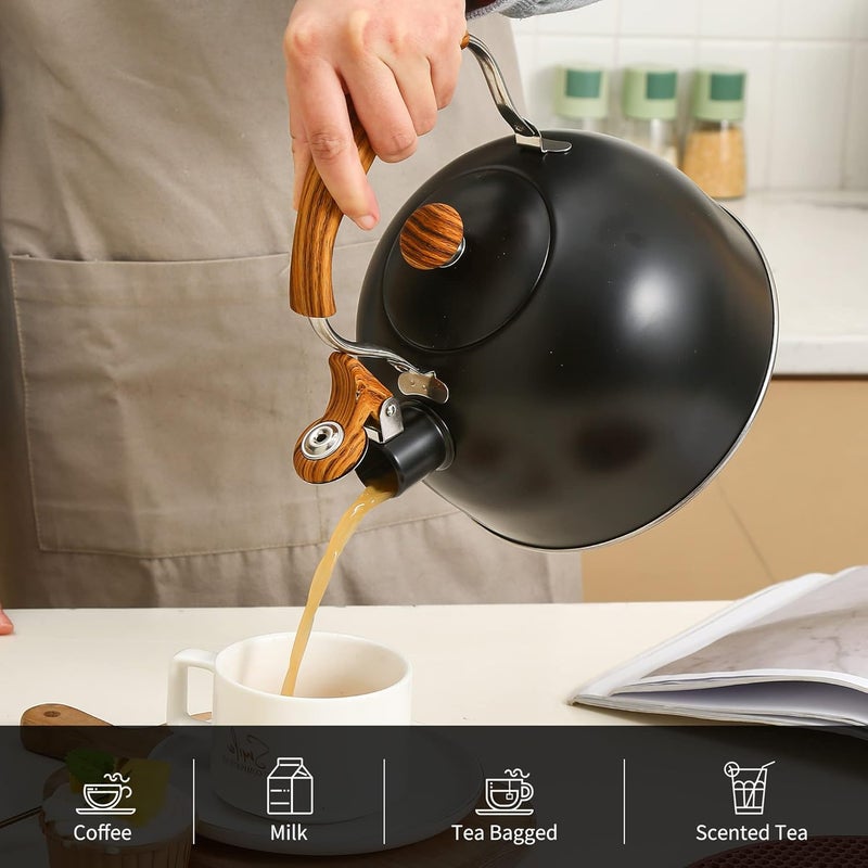 Lonffery Tea Kettle for Stove Top, 2.5 Quart Whistling Tea Kettle, with Food Grade Stainless Steel and Wood Pattern Folding Handle, Black - Image 4