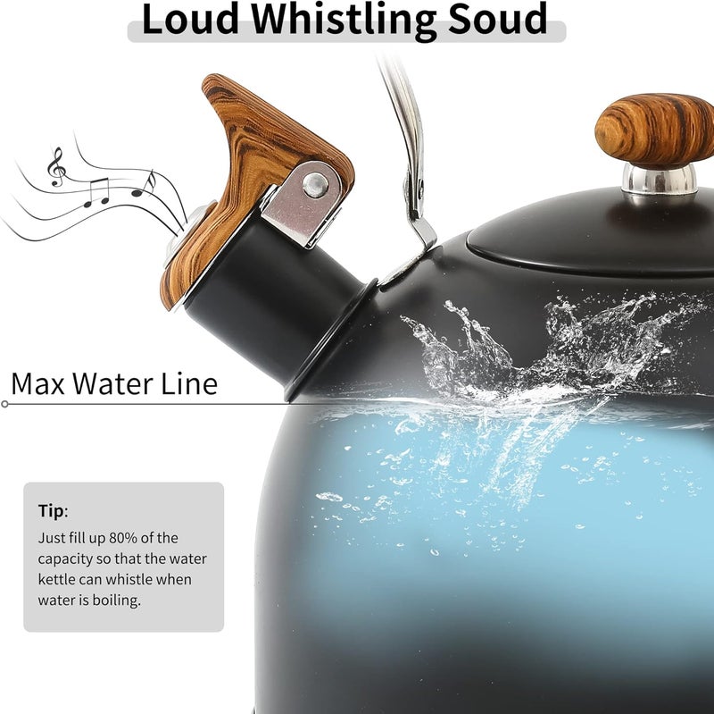 Lonffery Tea Kettle for Stove Top, 2.5 Quart Whistling Tea Kettle, with Food Grade Stainless Steel and Wood Pattern Folding Handle, Black - Image 2