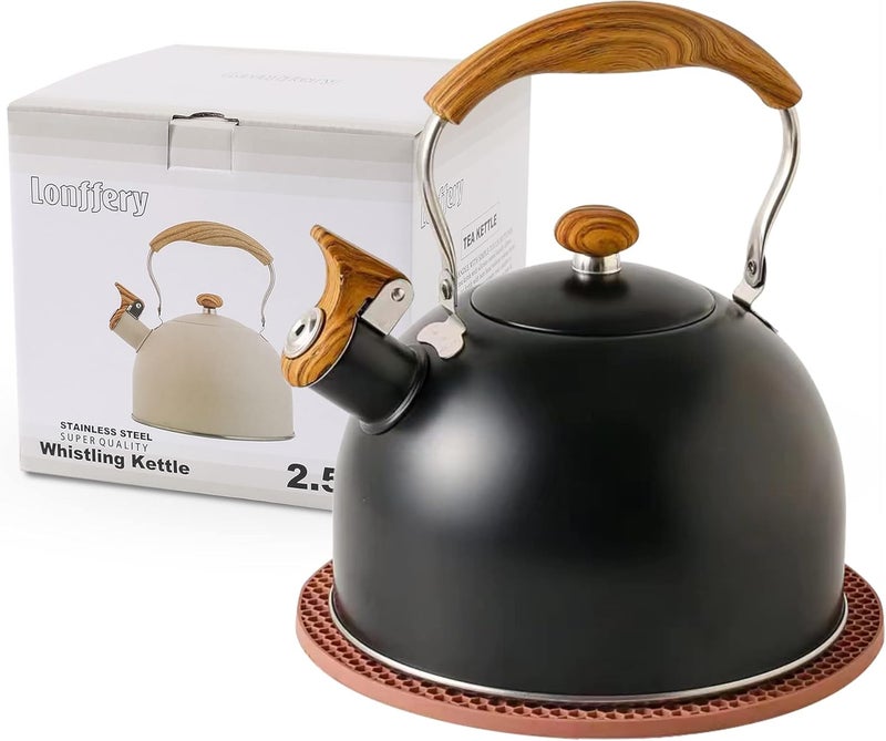 Lonffery Tea Kettle for Stove Top, 2.5 Quart Whistling Tea Kettle, with Food Grade Stainless Steel and Wood Pattern Folding Handle, Black - Image 1