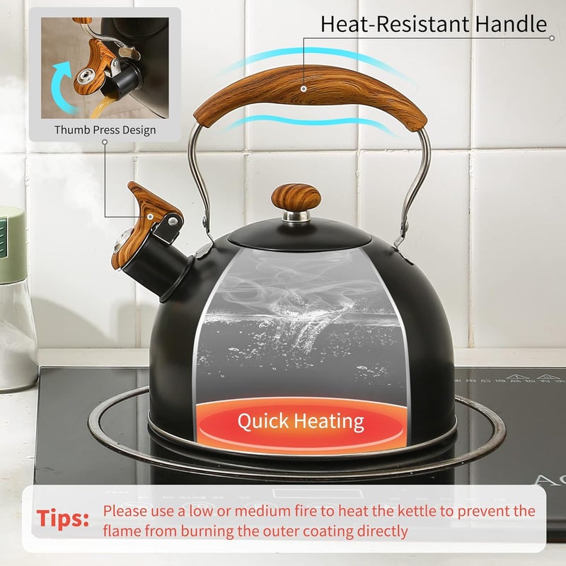 Lonffery Tea Kettle for Stove Top, 2.5 Quart Whistling Tea Kettle, with Food Grade Stainless Steel and Wood Pattern Folding Handle, Black - Image 3