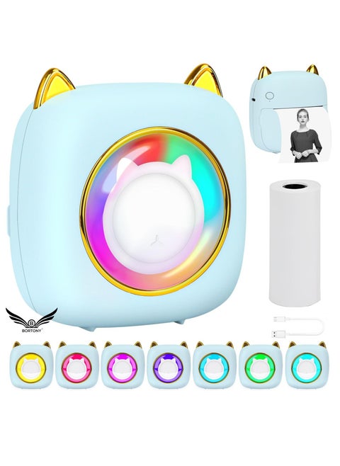 Mini Printer with 1 Roll 7 RGB Light Thermal Printer Barcode Label Maker Small Wireless Pocket Printer for iOS and Android Suitable for Printing Photo Notes Memo