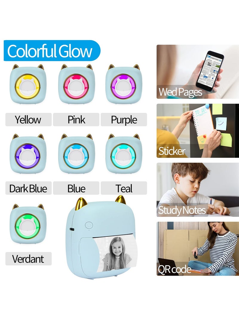 Mini Printer with 1 Roll 7 RGB Light Thermal Printer Barcode Label Maker Small Wireless Pocket Printer for iOS and Android Suitable for Printing Photo Notes Memo