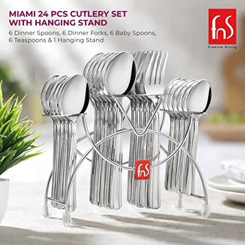 FnS - Stainless Steel, Miami Style - Cutlery Set with Hanging Stand, Pack of 24 Units, Silver Color – Includes Dinner Spoon, Dinner Fork, Teaspoon, Baby Spoon, Stand for Kitchen Dining Table Use - Image 2