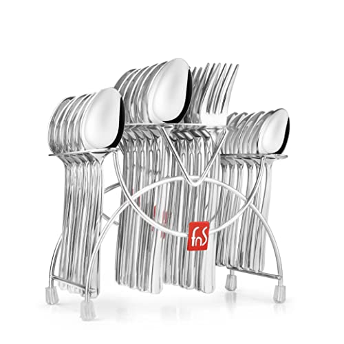 FnS - Stainless Steel, Miami Style - Cutlery Set with Hanging Stand, Pack of 24 Units, Silver Color – Includes Dinner Spoon, Dinner Fork, Teaspoon, Baby Spoon, Stand for Kitchen Dining Table Use - Image 1