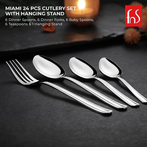 FnS - Stainless Steel, Miami Style - Cutlery Set with Hanging Stand, Pack of 24 Units, Silver Color – Includes Dinner Spoon, Dinner Fork, Teaspoon, Baby Spoon, Stand for Kitchen Dining Table Use - Image 4