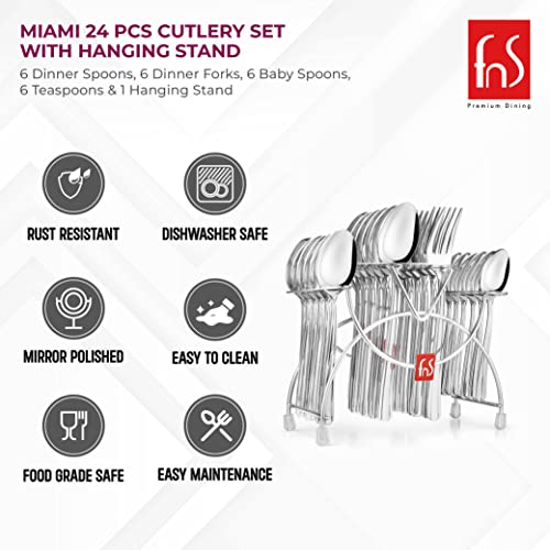 FnS - Stainless Steel, Miami Style - Cutlery Set with Hanging Stand, Pack of 24 Units, Silver Color – Includes Dinner Spoon, Dinner Fork, Teaspoon, Baby Spoon, Stand for Kitchen Dining Table Use - Image 5