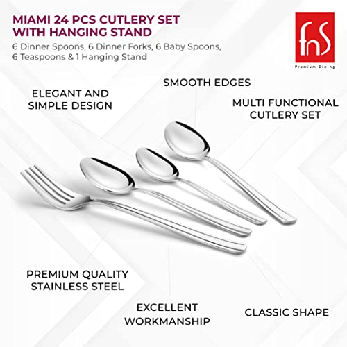 FnS - Stainless Steel, Miami Style - Cutlery Set with Hanging Stand, Pack of 24 Units, Silver Color – Includes Dinner Spoon, Dinner Fork, Teaspoon, Baby Spoon, Stand for Kitchen Dining Table Use - Image 3