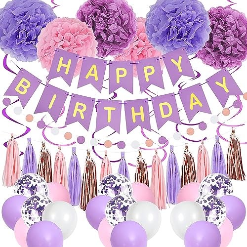 pugkloy Purple Pink Birthday Party Decorations for Women Girls with Happy Birthday Banner,Hanging Swirls,Tissue Paper Pompoms,Circle Dots Garland,Tassel Garland Purple Balloons - Image 1