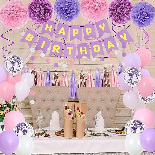pugkloy Purple Pink Birthday Party Decorations for Women Girls with Happy Birthday Banner,Hanging Swirls,Tissue Paper Pompoms,Circle Dots Garland,Tassel Garland Purple Balloons - Image 5