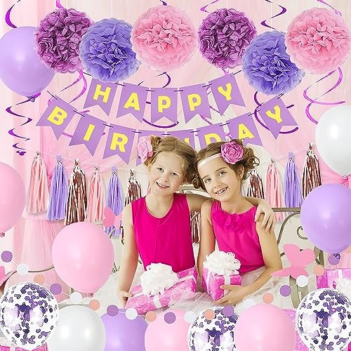 pugkloy Purple Pink Birthday Party Decorations for Women Girls with Happy Birthday Banner,Hanging Swirls,Tissue Paper Pompoms,Circle Dots Garland,Tassel Garland Purple Balloons - Image 4