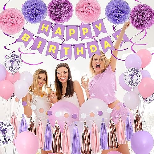 pugkloy Purple Pink Birthday Party Decorations for Women Girls with Happy Birthday Banner,Hanging Swirls,Tissue Paper Pompoms,Circle Dots Garland,Tassel Garland Purple Balloons - Image 3