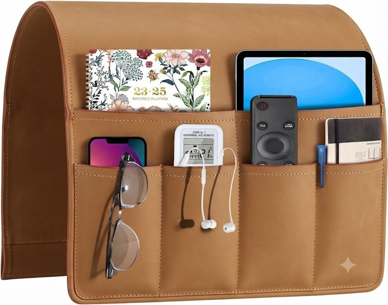 Dr.Key Faux Leather Sofa Armrest Organizer, Non-Slip Couch Caddy with 6 Pockets for Remote Control, Tablet, Phone, Magazine, iPad, Ideal Storage Holder for Recliner, Chair, and Bed Camel - Image 1