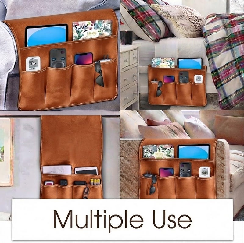 Dr.Key Faux Leather Sofa Armrest Organizer, Non-Slip Couch Caddy with 6 Pockets for Remote Control, Tablet, Phone, Magazine, iPad, Ideal Storage Holder for Recliner, Chair, and Bed Camel - Image 2