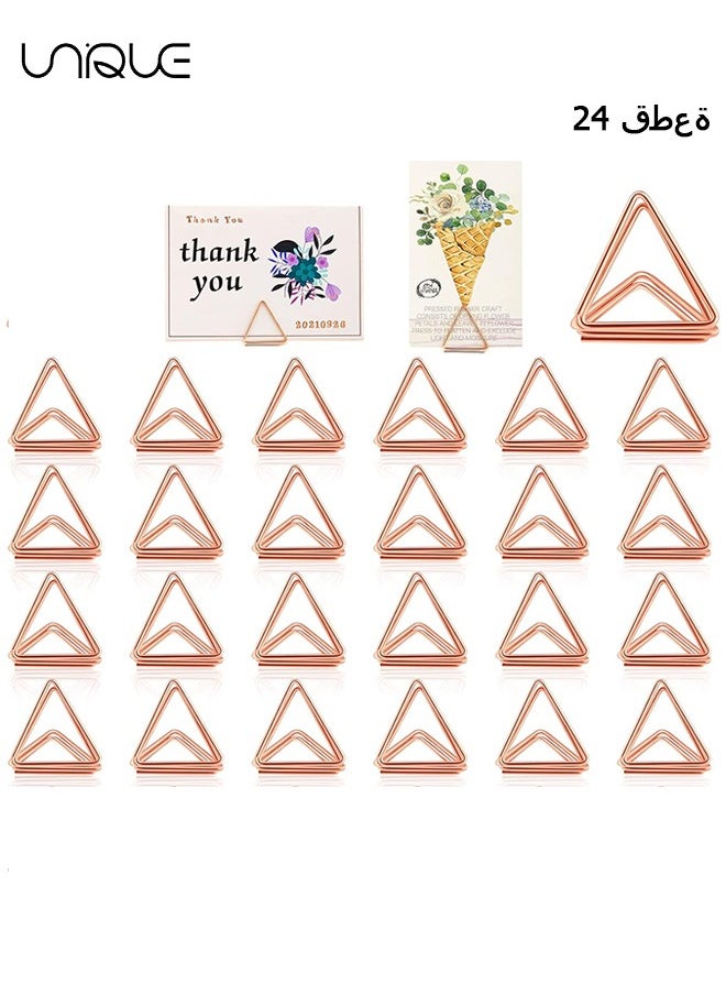 Unique 24 Pack Triangle Business Card Holder, Triangle Shape Table Card Holders Photo Holder Pictures Stand Clips for Place Cards Weddings Anniversary Party Office Desk Name, Rose Gold  - Image 1