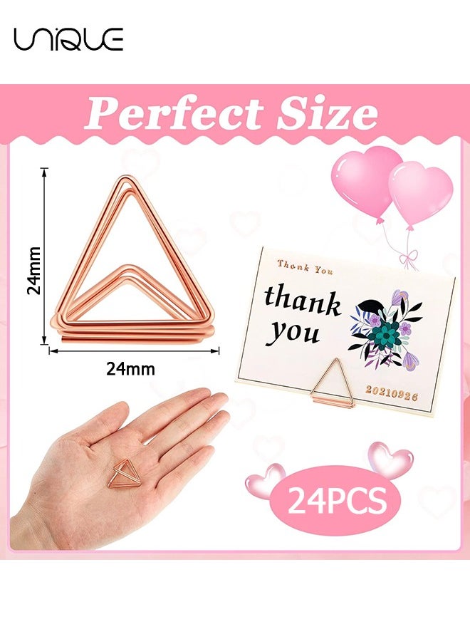 Unique 24 Pack Triangle Business Card Holder, Triangle Shape Table Card Holders Photo Holder Pictures Stand Clips for Place Cards Weddings Anniversary Party Office Desk Name, Rose Gold  - Image 2