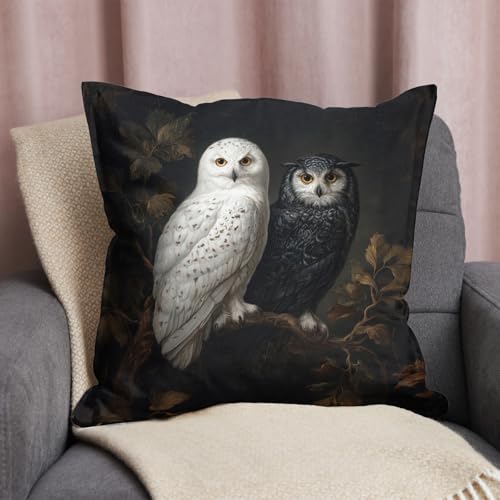 RBAFAO Vintage Black Owl Throw Pillow Cover 18x18 - White Owl Botanical Farmhouse Decor | Indoor Outdoor Cushion Case for Sofa Couch Bed Living Room Bedroom Home (Black&White-Owl) - Image 2
