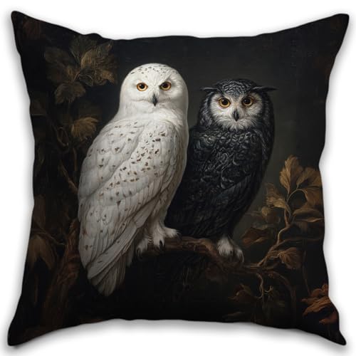 RBAFAO Vintage Black Owl Throw Pillow Cover 18x18 - White Owl Botanical Farmhouse Decor | Indoor Outdoor Cushion Case for Sofa Couch Bed Living Room Bedroom Home (Black&White-Owl) - Image 1