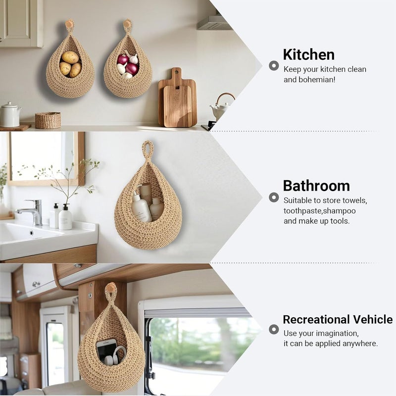 Halidali Hanging Fruit Baskets for Kitchen, 3 Pack Boho Cotton Rope Handwoven Vegetable Storage Wall Mounted Large Organizing Basket for Farmhouse Decor, Onion, Potato, Garlic and Plants (Linen) - Image 5