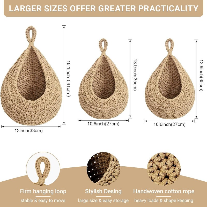 Halidali Hanging Fruit Baskets for Kitchen, 3 Pack Boho Cotton Rope Handwoven Vegetable Storage Wall Mounted Large Organizing Basket for Farmhouse Decor, Onion, Potato, Garlic and Plants (Linen) - Image 2