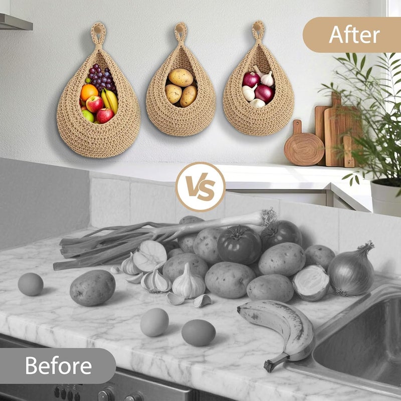 Halidali Hanging Fruit Baskets for Kitchen, 3 Pack Boho Cotton Rope Handwoven Vegetable Storage Wall Mounted Large Organizing Basket for Farmhouse Decor, Onion, Potato, Garlic and Plants (Linen) - Image 4