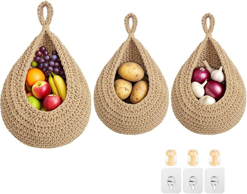Halidali Hanging Fruit Baskets for Kitchen, 3 Pack Boho Cotton Rope Handwoven Vegetable Storage Wall Mounted Large Organizing Basket for Farmhouse Decor, Onion, Potato, Garlic and Plants (Linen) - Image 1