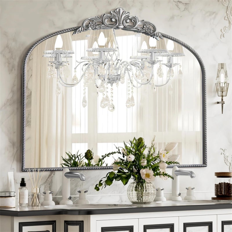Micasso Antique Wall Silver Mirror: 40" x 29" French Baroque Vintage Mirror - Traditional Ornate Decorative Arched Mirrors for Wall/Bathroom/Entryway/Fireplace/Hallway - Home Decor for Living Room - Image 1