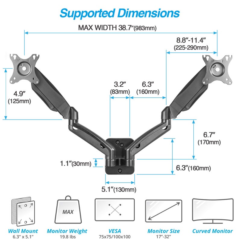 AVLT Dual 17"-32" Monitor Wall Mount - Fits Two 19.8 lbs Flat/Curved Monitors - Full Motion Height Swivel Tilt Rotation Adjustable Arm - VESA/Cable Management - Image 2