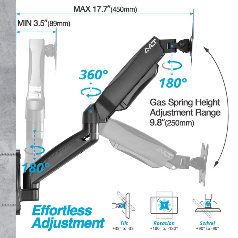 AVLT Dual 17"-32" Monitor Wall Mount - Fits Two 19.8 lbs Flat/Curved Monitors - Full Motion Height Swivel Tilt Rotation Adjustable Arm - VESA/Cable Management - Image 3
