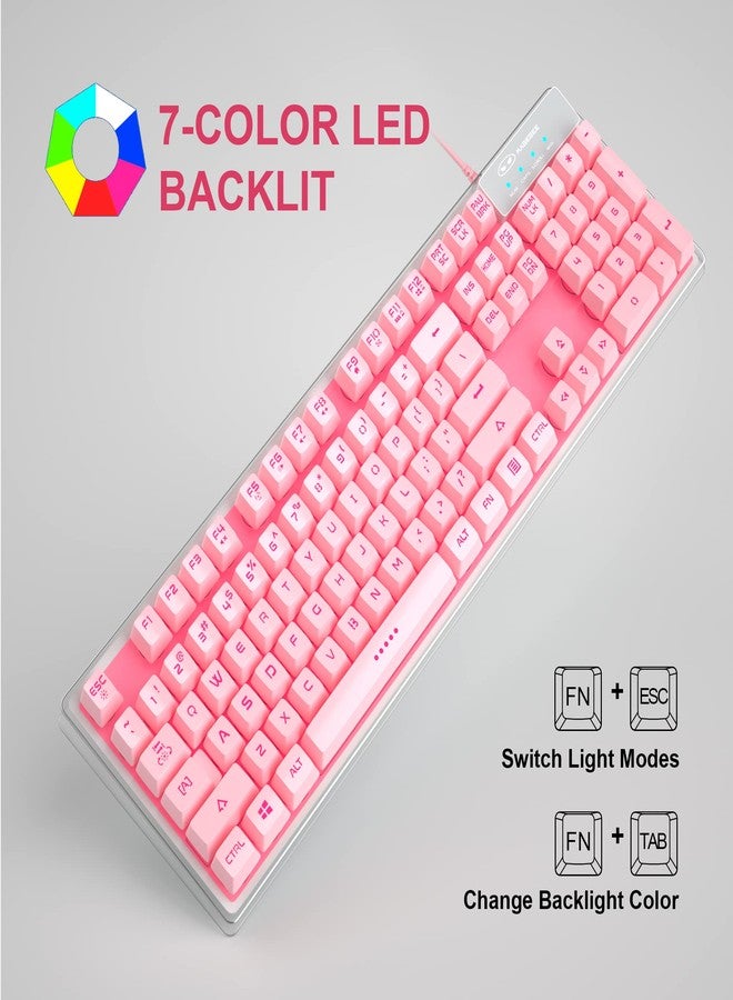 MageGee Gaming Keyboard, 7 Solid Colors Backlit Wired Gaming Keyboard with Clear Housing and Double-Shot Keycaps, K1 Waterproof Ergonomic 104 Keys Light Up Keyboard for PC Desktop Laptop, Pink - Image 5