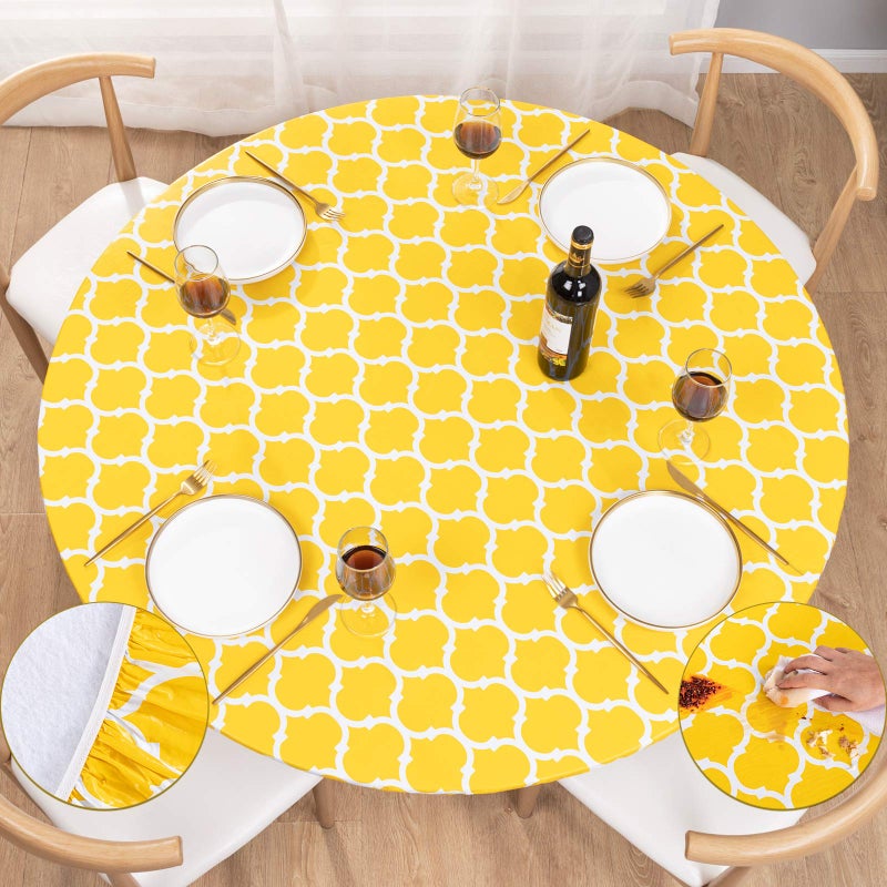 UMINEUX Round Fitted Vinyl Tablecloth with Elastic Edged  Flannel Backing Waterproof Round Table Cover for Indoor Outdoor Patio Use  Fits Tables up to 40  44 DiameterYellow Moroccan