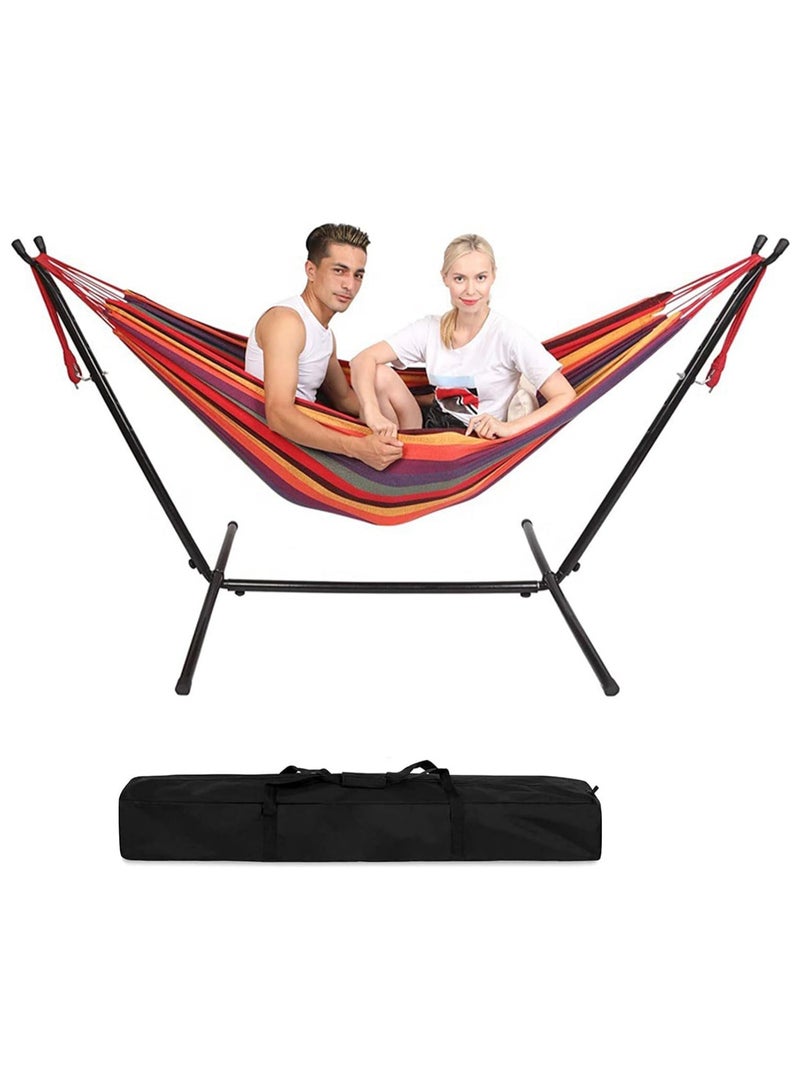 Generic Hammock,Double Hammock with Steel Frame & Carry Bag,Swing hammock - Cotton Stripe Portable Hammock,for Garden Patio Outdoor Camping - Washable,440 lb Weight Capacity(Red) - Image 1