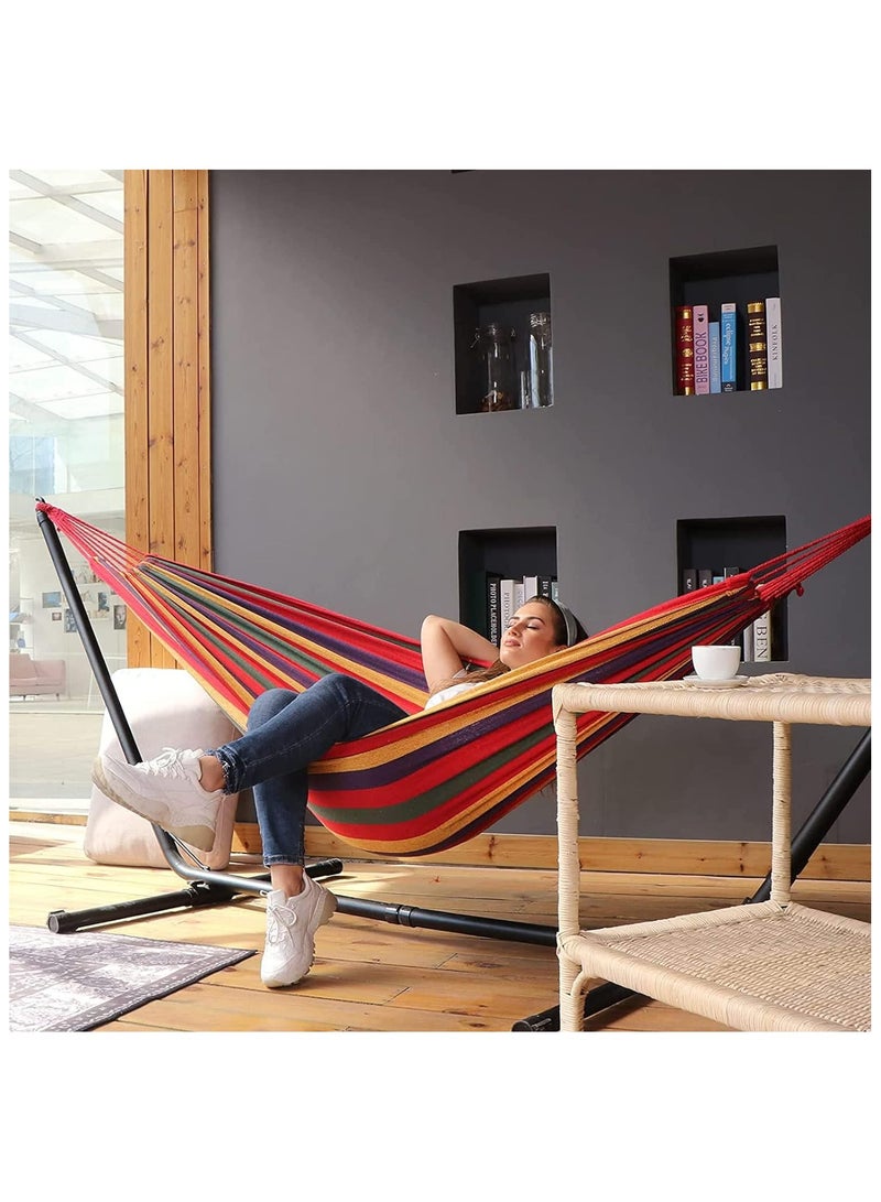 Generic Hammock,Double Hammock with Steel Frame & Carry Bag,Swing hammock - Cotton Stripe Portable Hammock,for Garden Patio Outdoor Camping - Washable,440 lb Weight Capacity(Red) - Image 4
