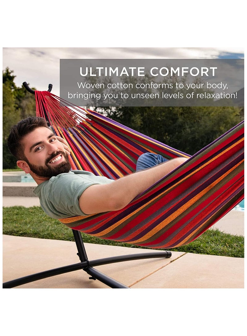 Generic Hammock,Double Hammock with Steel Frame & Carry Bag,Swing hammock - Cotton Stripe Portable Hammock,for Garden Patio Outdoor Camping - Washable,440 lb Weight Capacity(Red) - Image 2