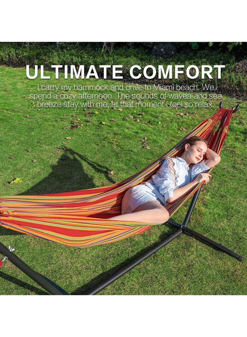 Generic Hammock,Double Hammock with Steel Frame & Carry Bag,Swing hammock - Cotton Stripe Portable Hammock,for Garden Patio Outdoor Camping - Washable,440 lb Weight Capacity(Red) - Image 5