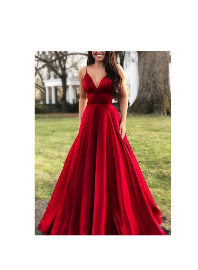 NIBEMINENT Deep-V Neck Women's Homecoming Dress Pleated Big Skirt Hem Party Gown Various Colours Backless Evening Dress