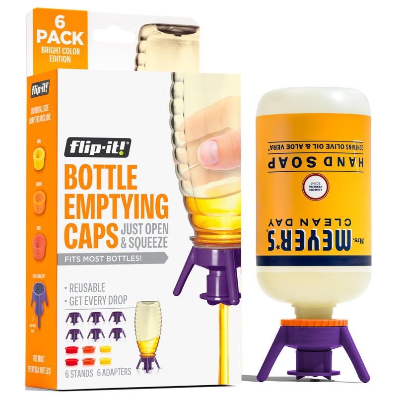 FlipIt Bottle Emptying Kit  6 Bottle Pack  No more wasted product  Fits most plastic bottles  6 Base Caps 6 Adapters  Bright Color Edition