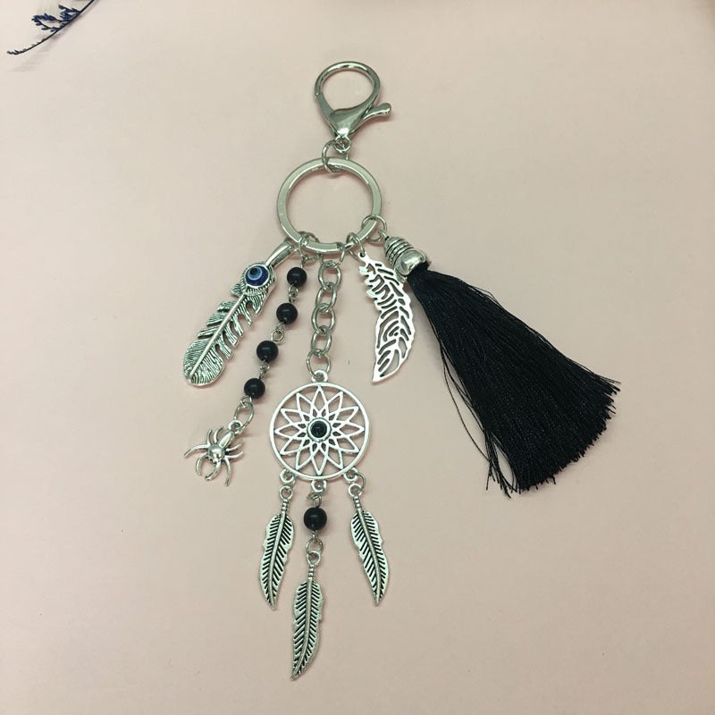 European and American popular bohemian wool tassel dream catcher keychain men's and women's turquoise leaf bag pendant - Image 1