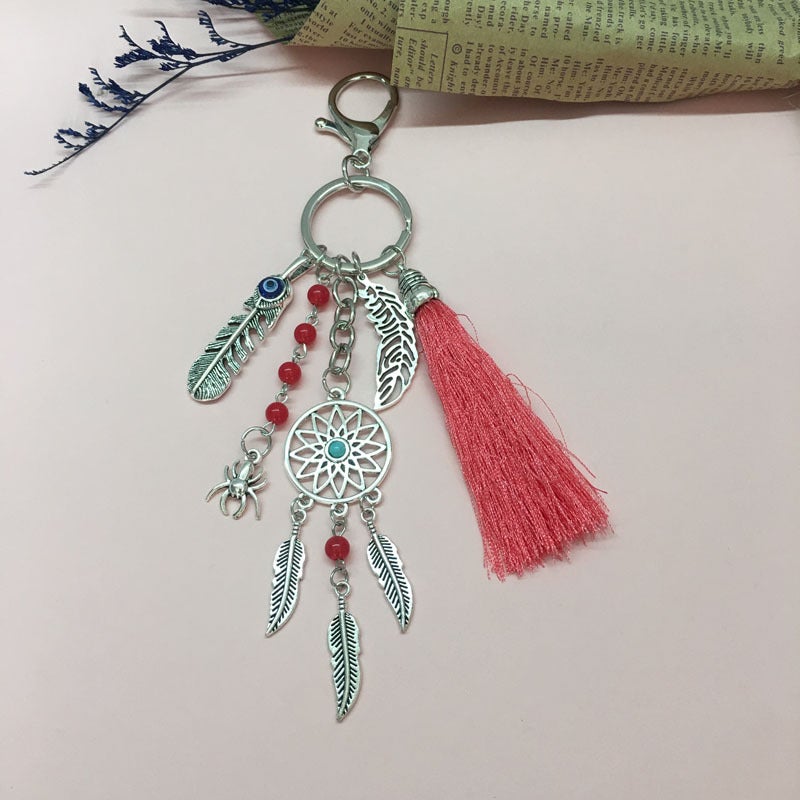 European and American popular bohemian wool tassel dream catcher keychain men's and women's turquoise leaf bag pendant - Image 4