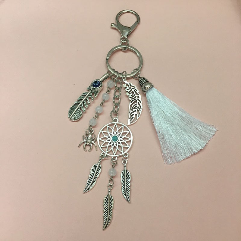 European and American popular bohemian wool tassel dream catcher keychain men's and women's turquoise leaf bag pendant - Image 5